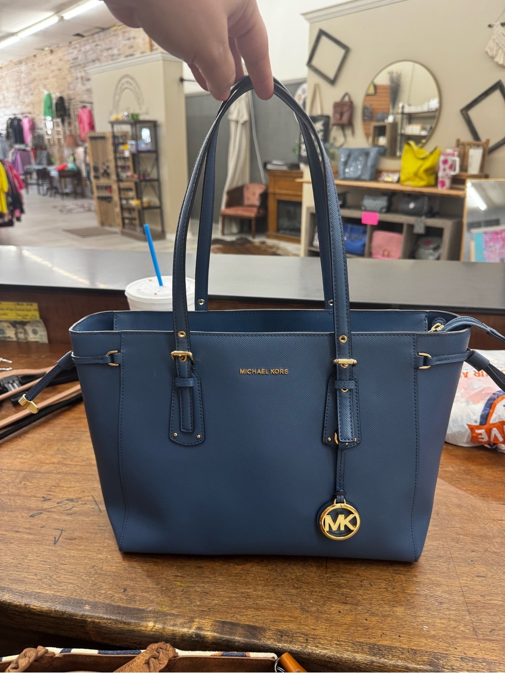 Michael Kors Blue Saffiano Leather Tote with Gold Hardware
